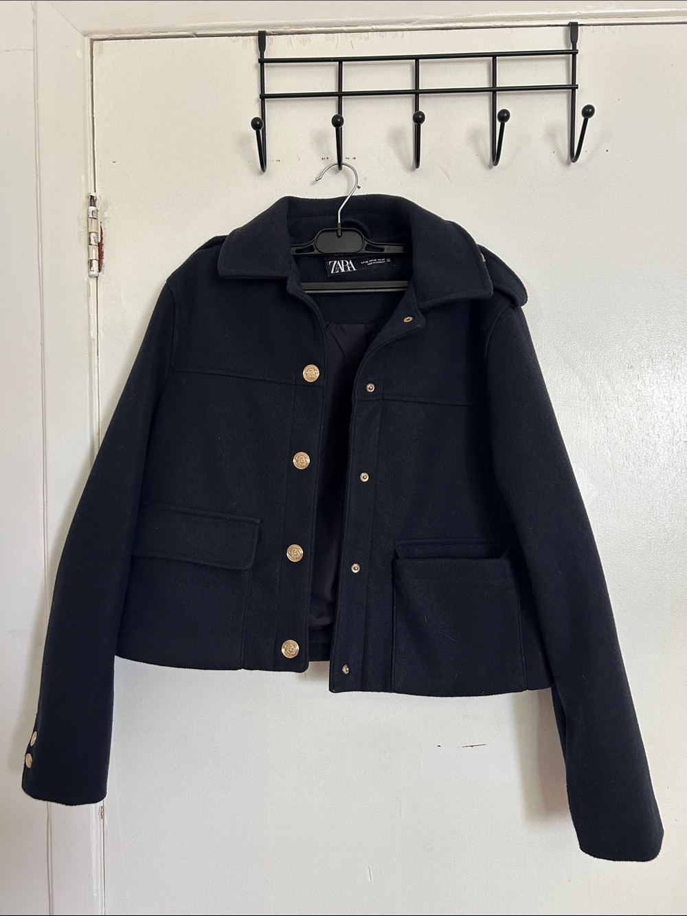 Zara Black Wool-Blend Cropped Pea Coat with Gold Buttons